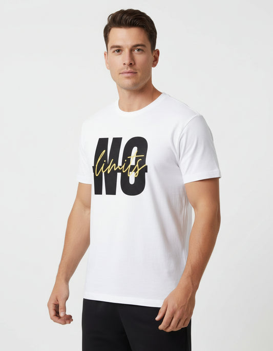 White t-shirt with 'No limits' text in black and yellow on a white background