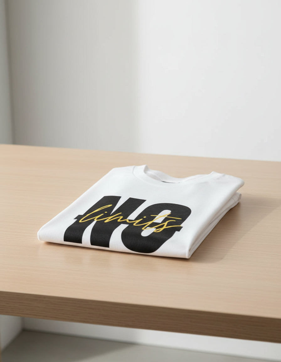 White t-shirt with 'NO limits' text in black and yellow on a white background